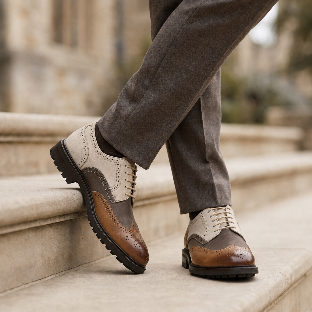 Soller Dual-Tone Wingtip Brogues in Beige