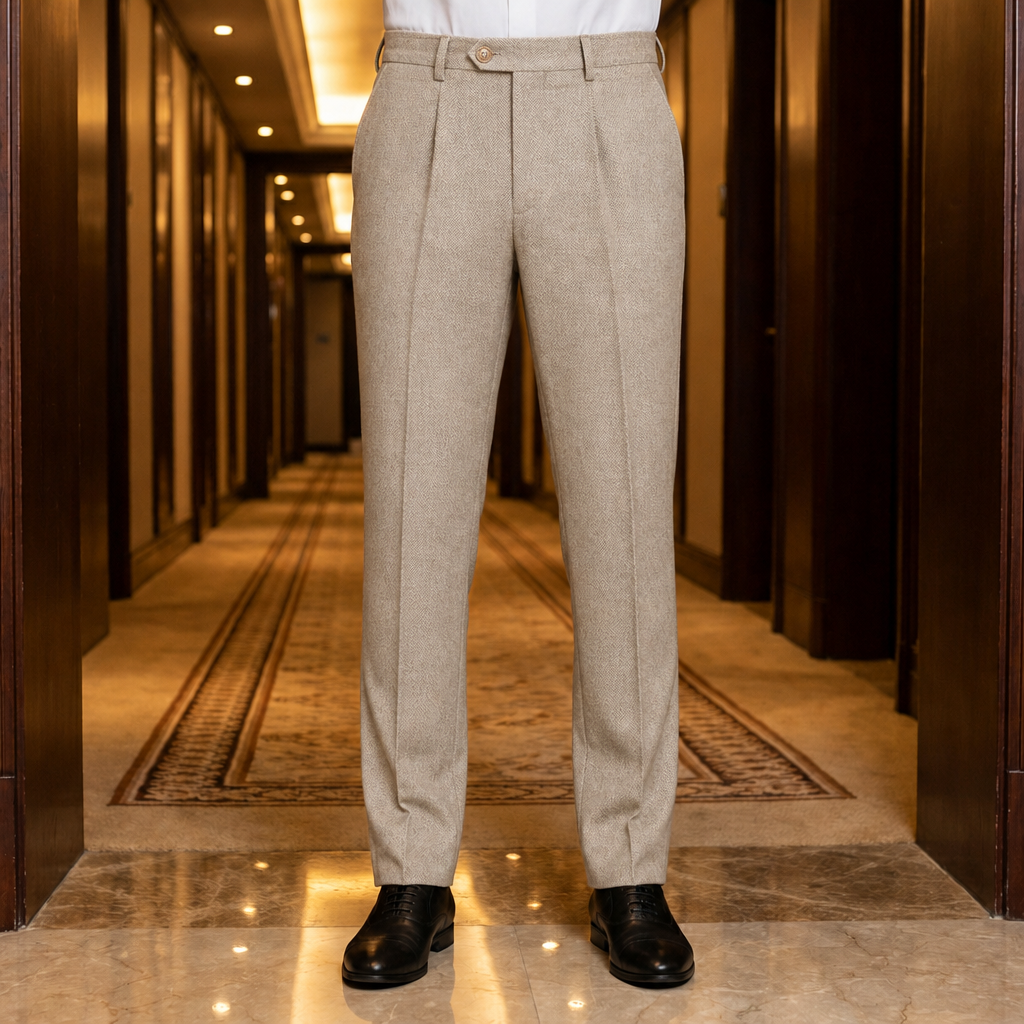 Mijas Herringbone Pleated Trousers in Beige