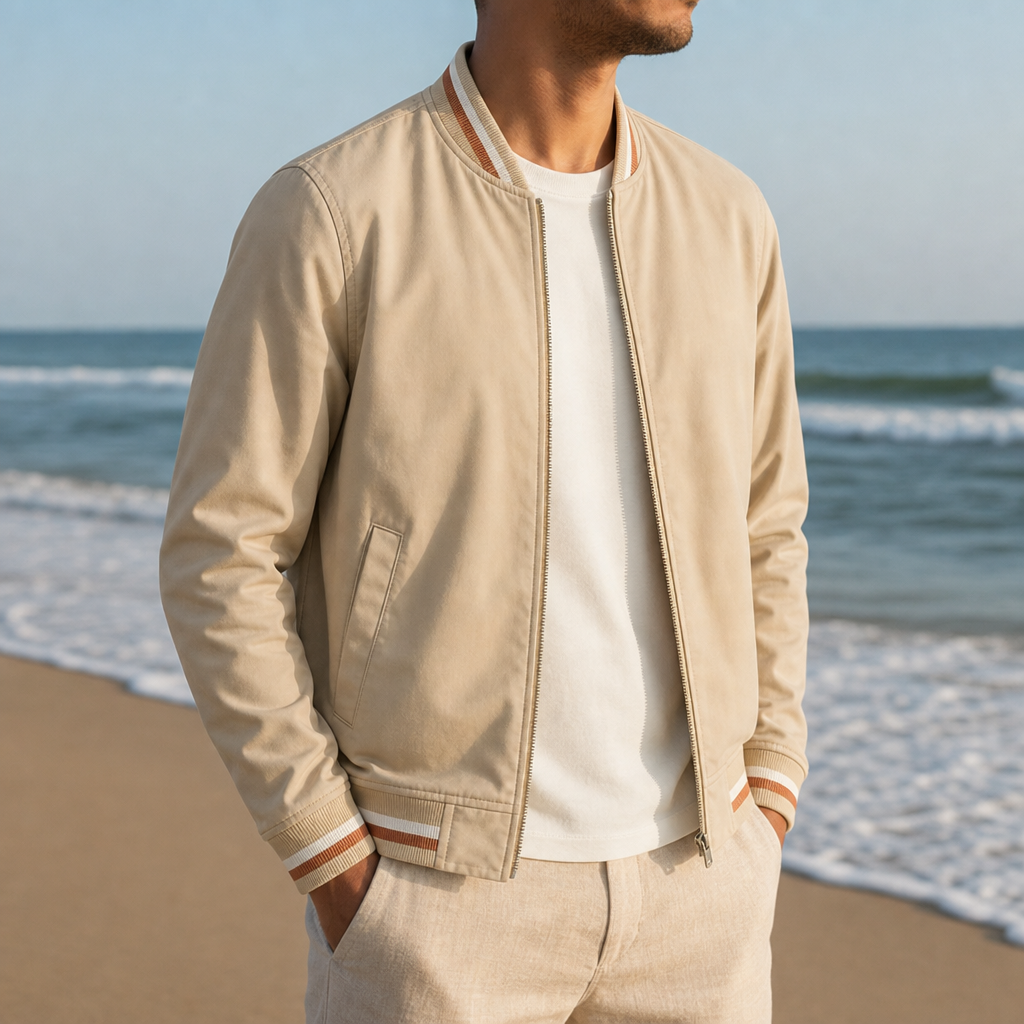 Split Striped Trim Zip Jacket in Beige