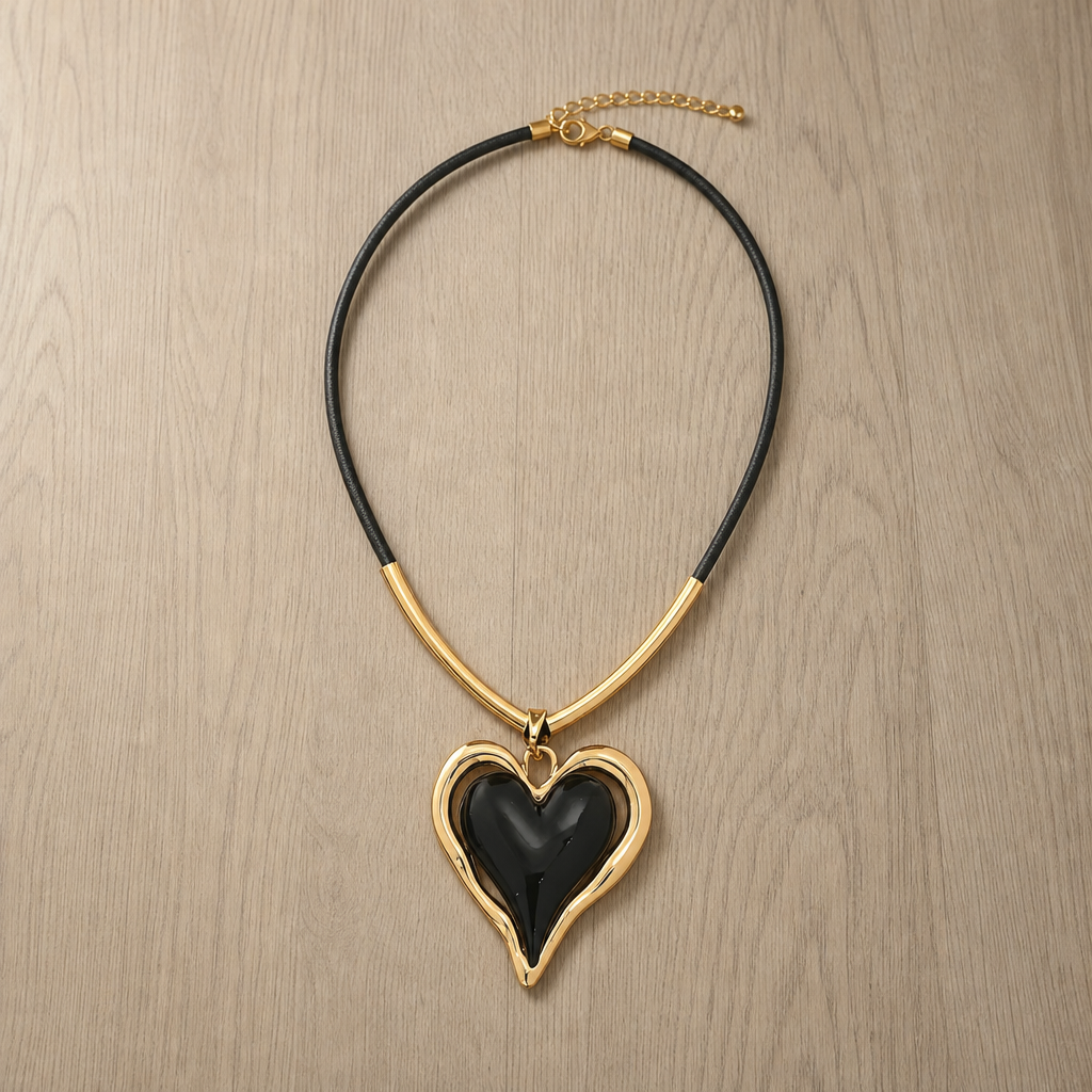 Ibiza Enamel Heart Pendant Necklace in Black-Gold