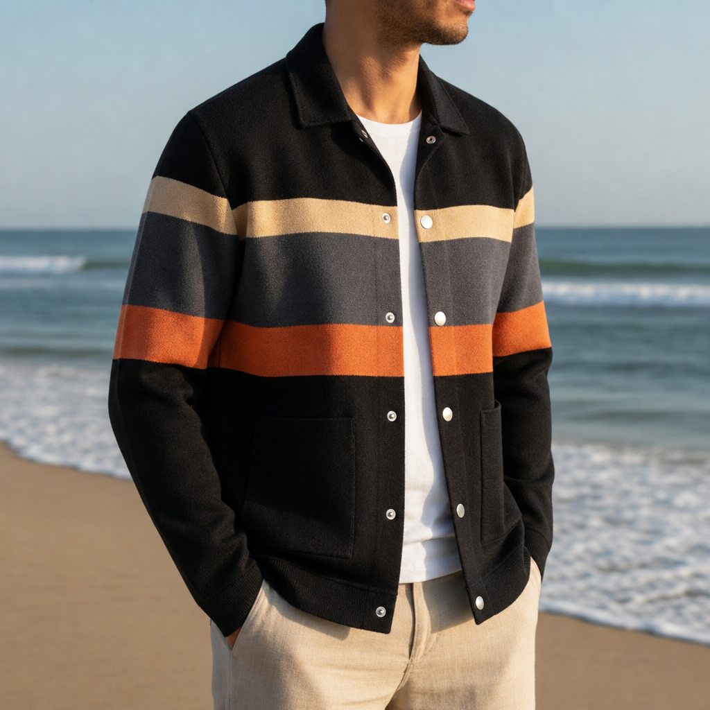 Marvao Striped Knit Jacket in Black & Orange