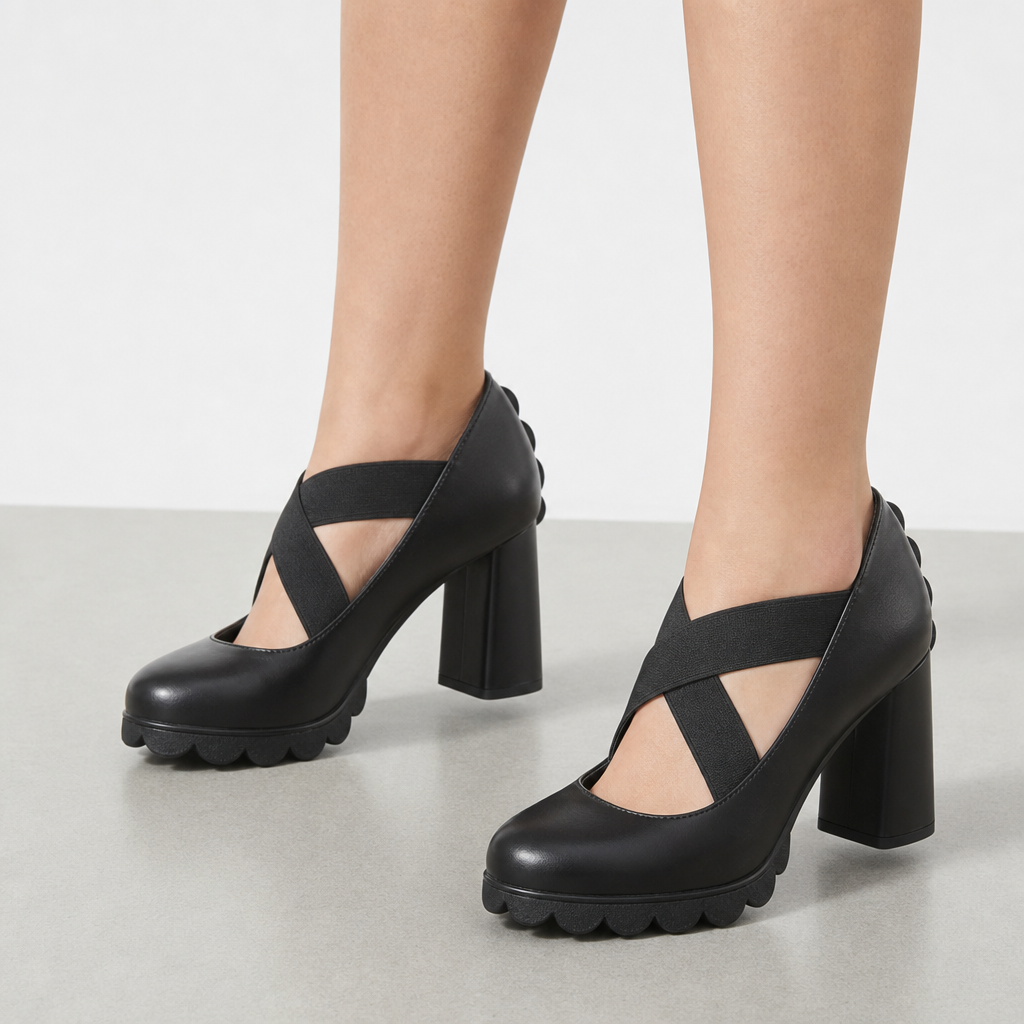 Kythnos Crisscross Strap Block Heels in Black PU Leather