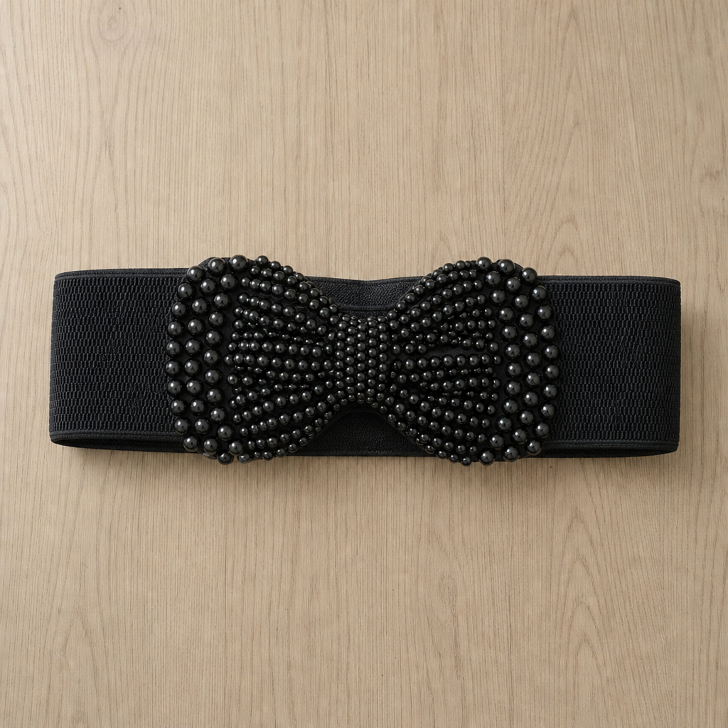 Nice Pearl Bow Waist Belt in Black