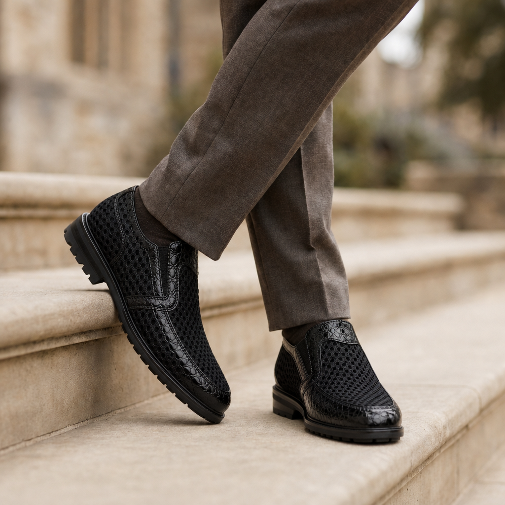 Poros Mesh Leather Loafers in Black