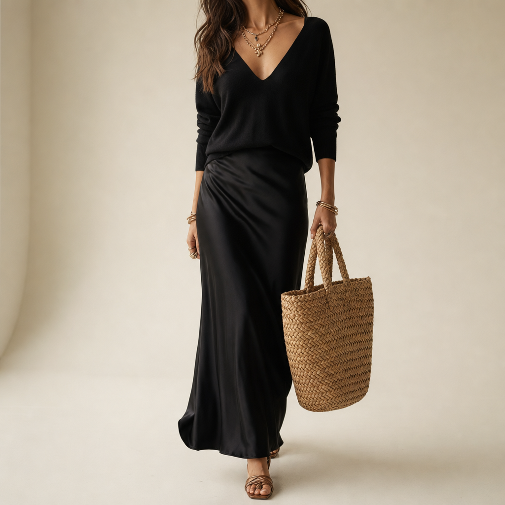 Pylos Satin Midi Skirt Set in Black