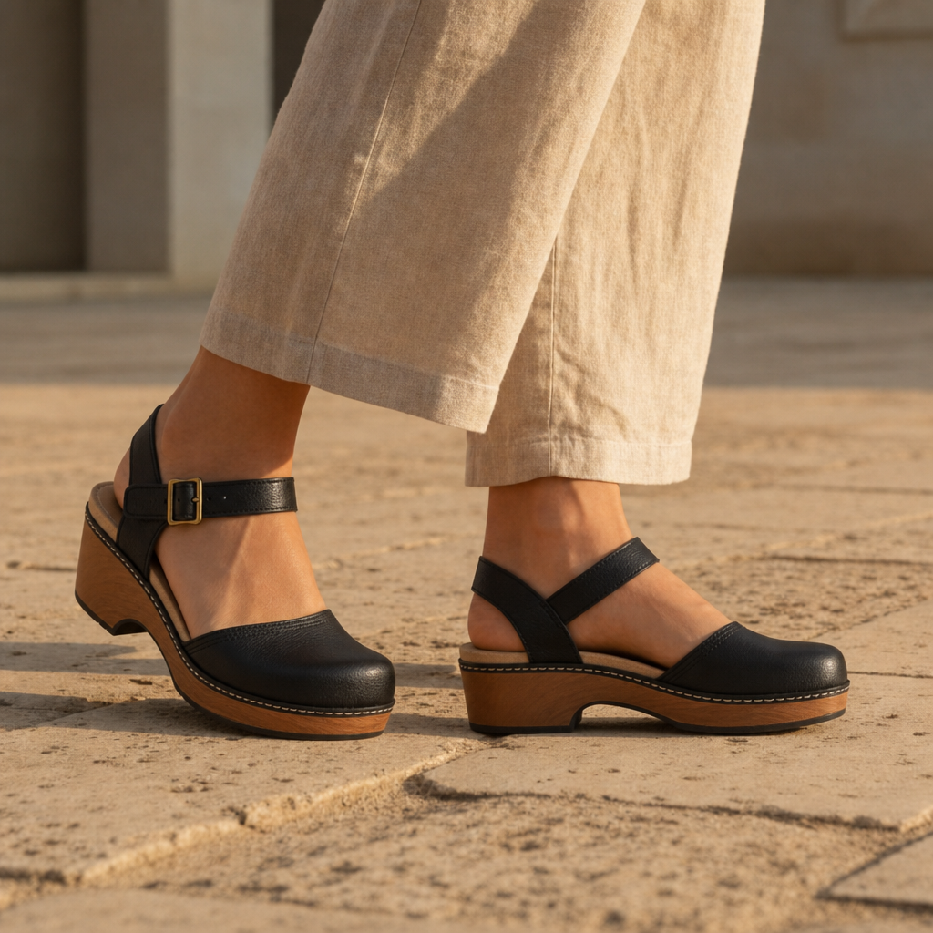 Estepona Leather Platform Clog Heels in Black