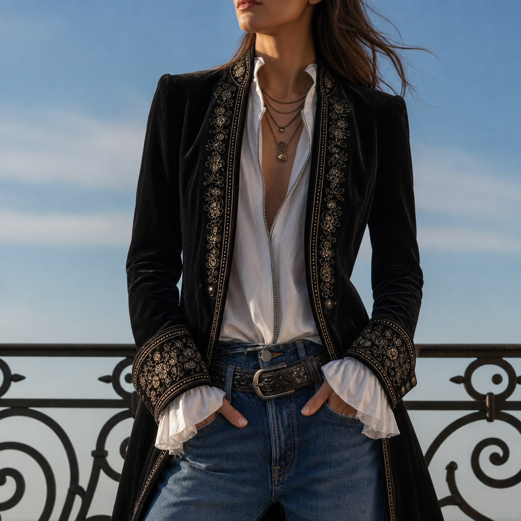 Coimbra Embroidered Velvet Long Jacket in Black