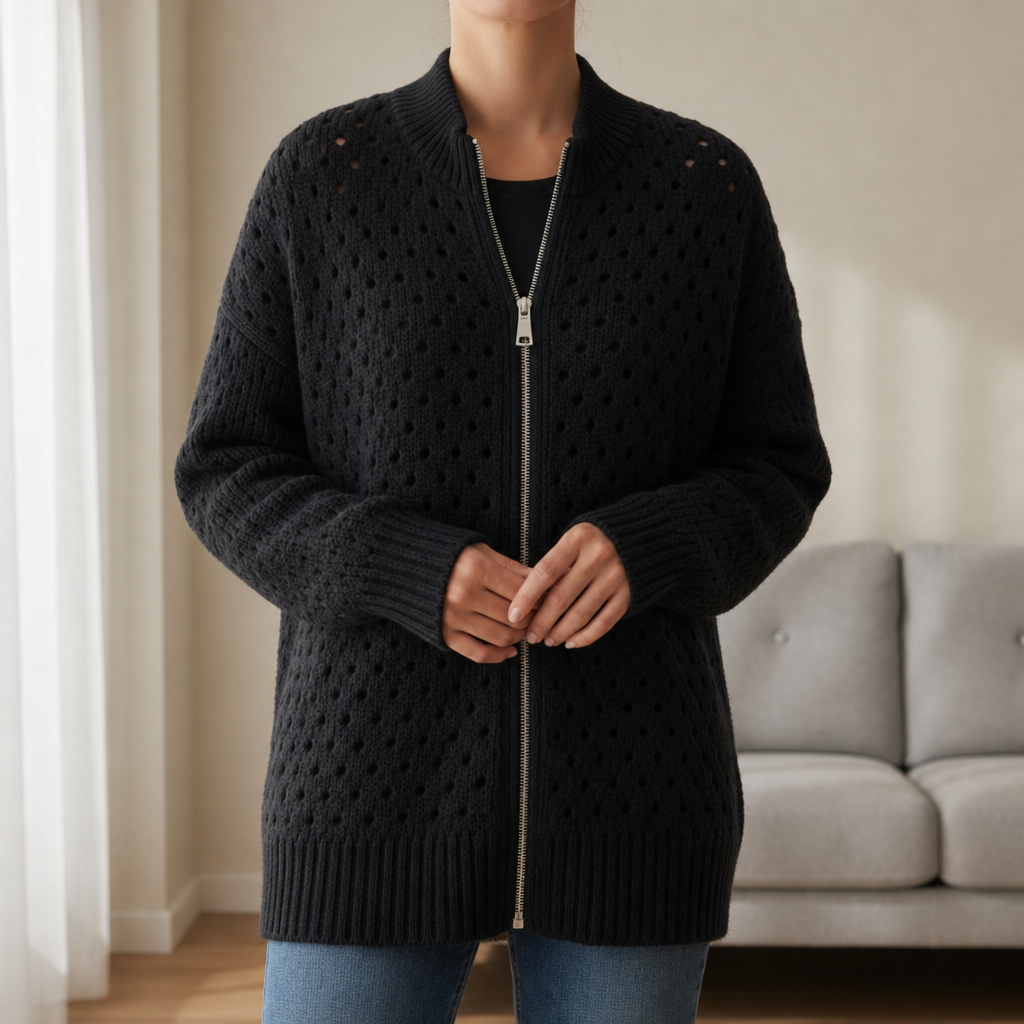 Modica Hollow Knit Zip Cardigan in Black