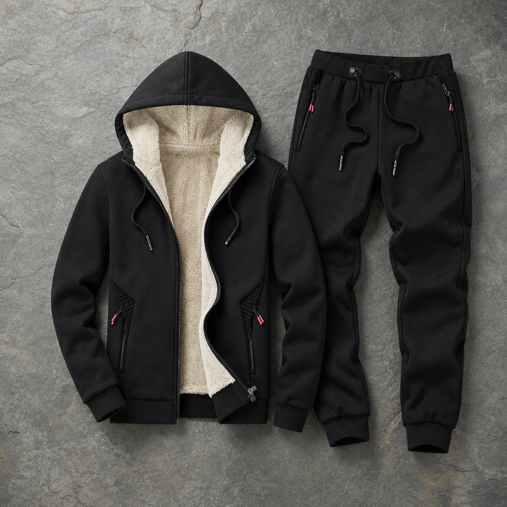 Sitia Sherpa Lined Tracksuit Set in Black