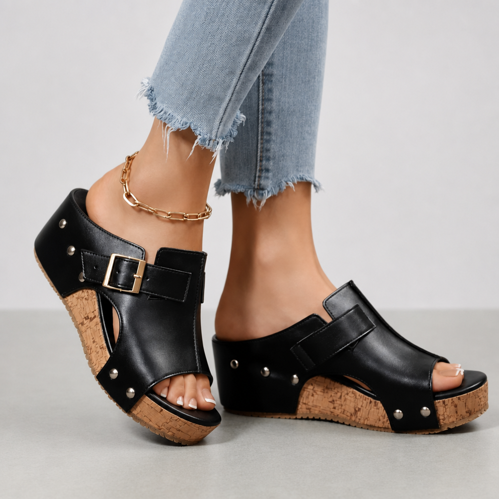 Cannes Cork Wedge Buckle Mules in Black