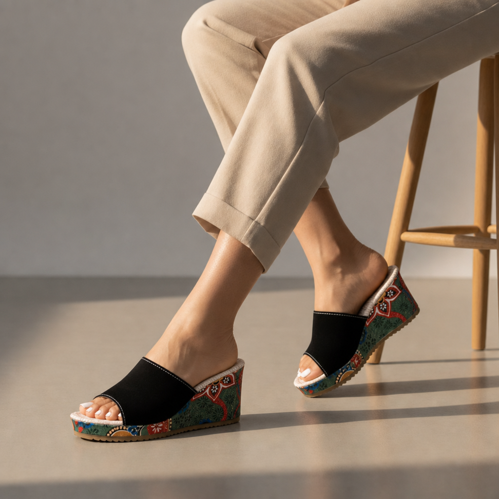 Uzes Boho Floral Wedge Mules in Black