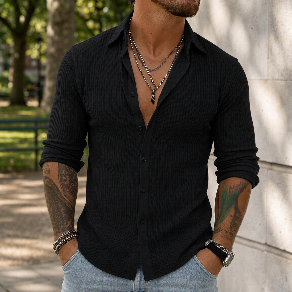 Trujillo Striped Lapel Button Shirt in Black