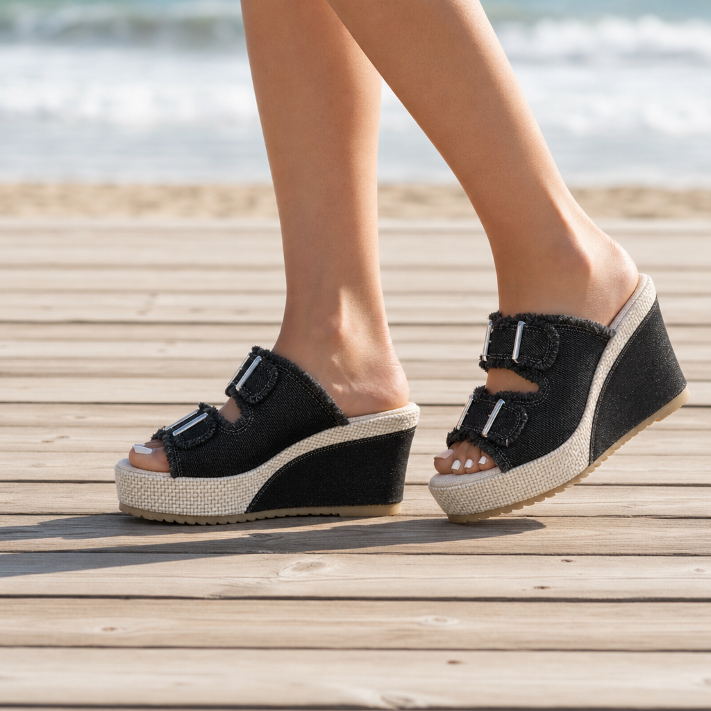 Gallipoli Denim Espadrille Wedge Sandals in Black