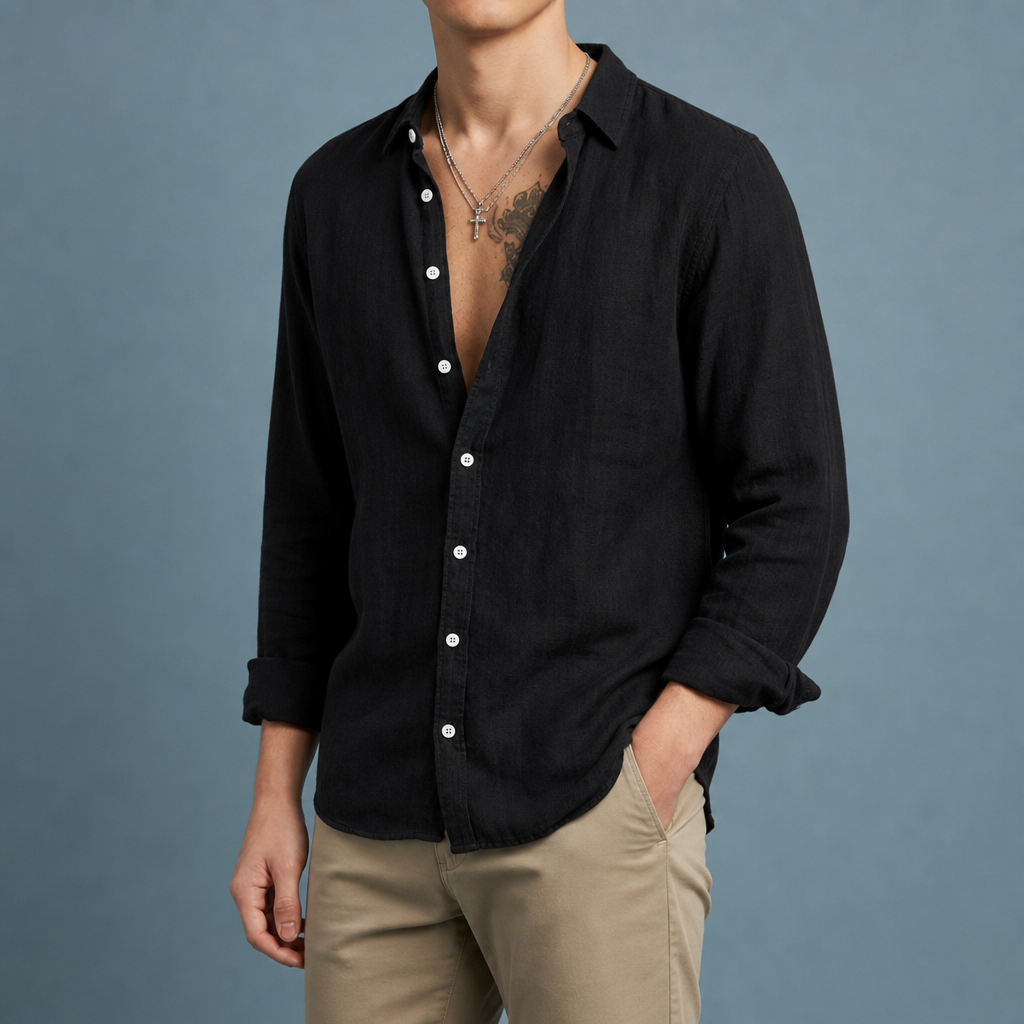 Fiesole Linen Button-Up Shirt in Black