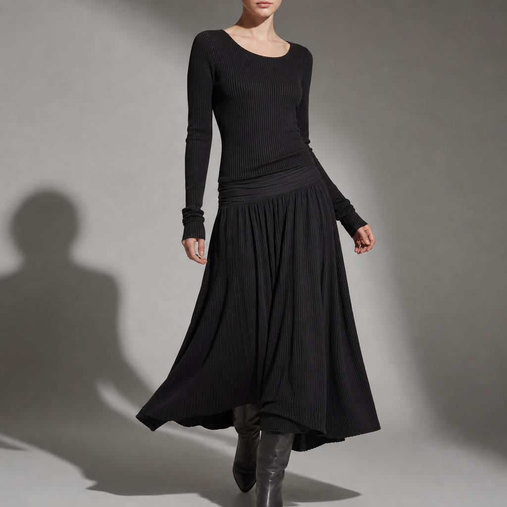 Cadiz Ribbed Knit Maxi Dress in Black