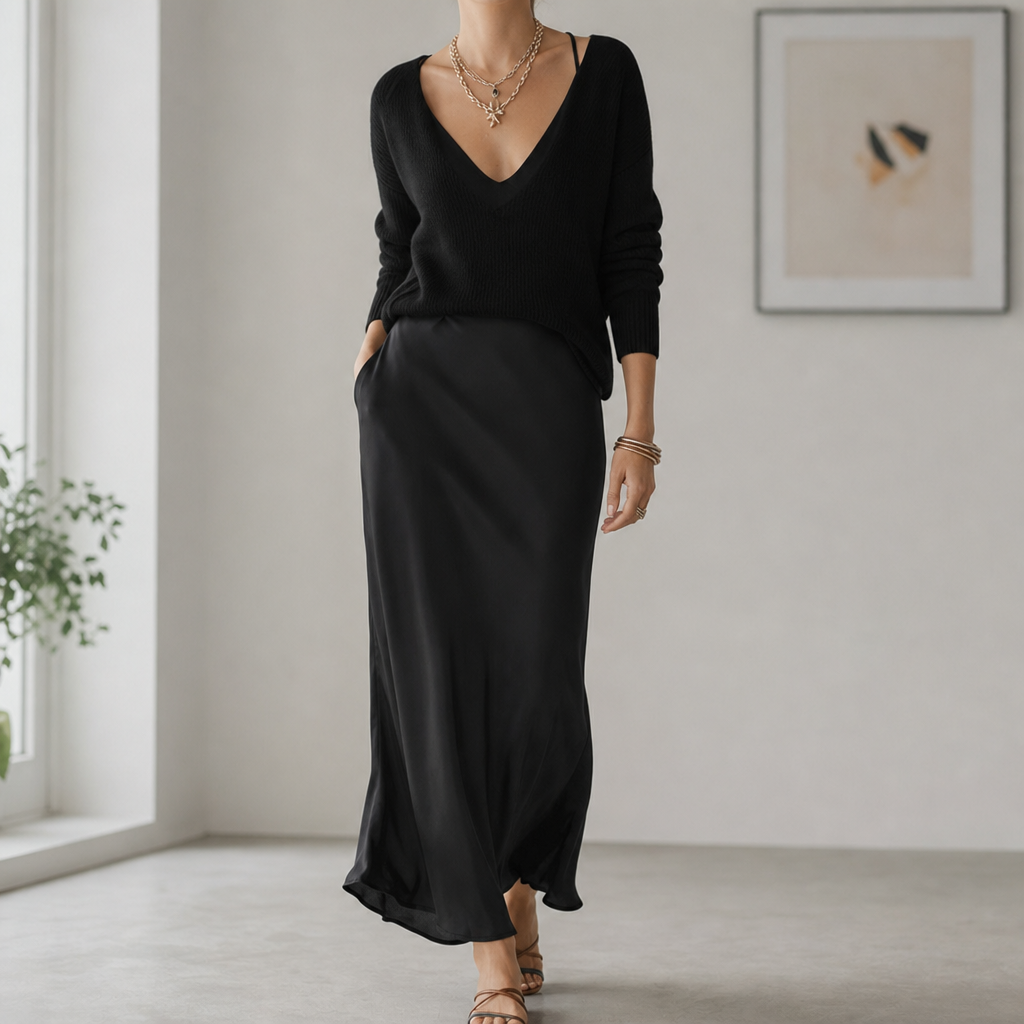 Vence Knit Sweater Satin Set in Black
