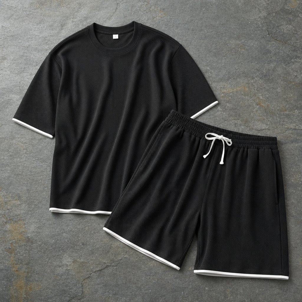 Aix Waffle Knit Lounge Set in Black