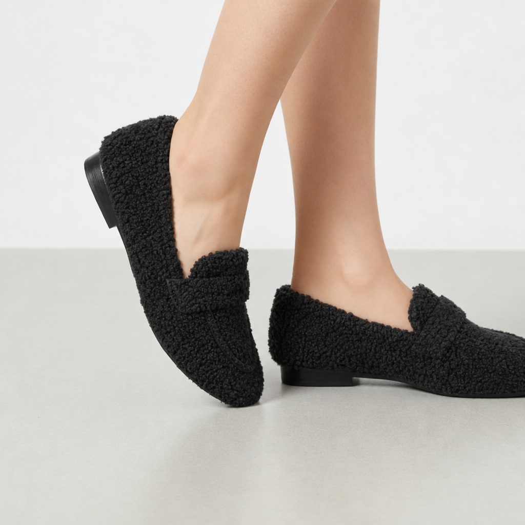 Kos Fluffy Sherpa Loafers in Black