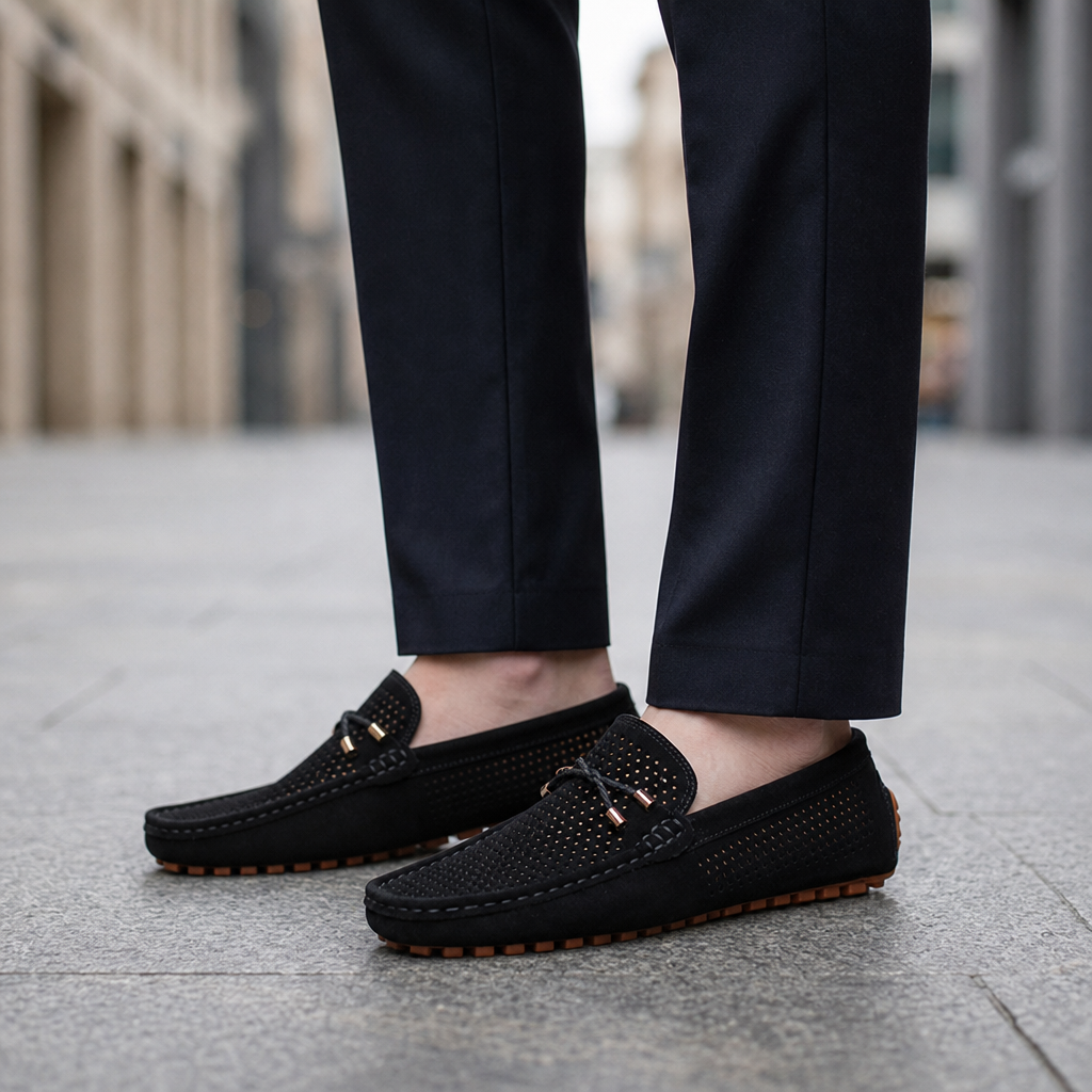 Vellara Perforated Suede Loafers in Black