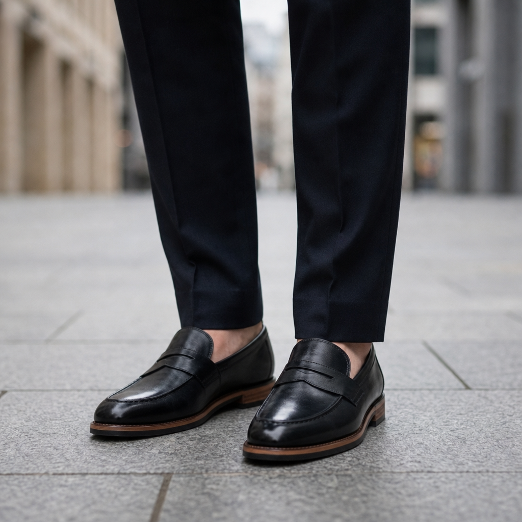 Thassos Polished Leather Penny Loafers in Black