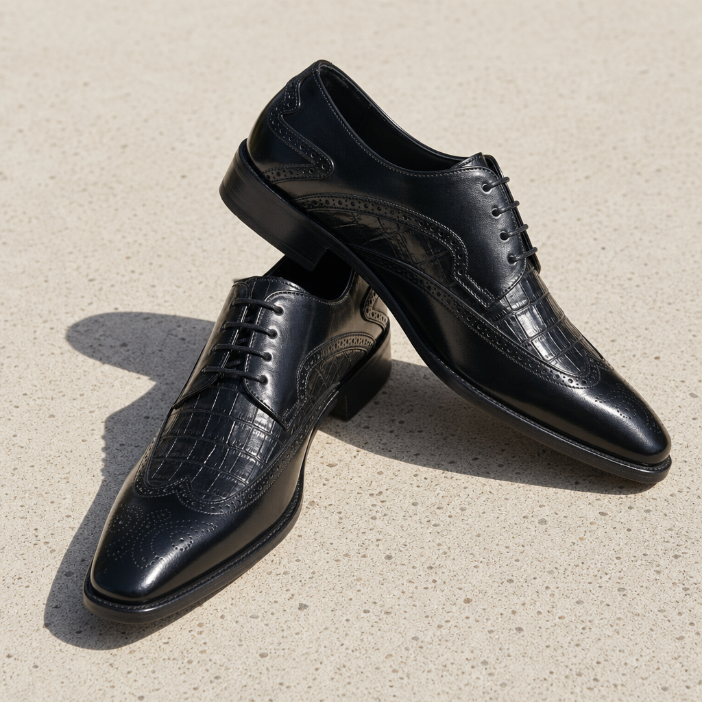 Porquerolles Croc Leather Brogue Oxfords in Black