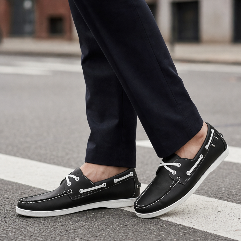 Thassos Two-Tone Boat Shoes in Black
