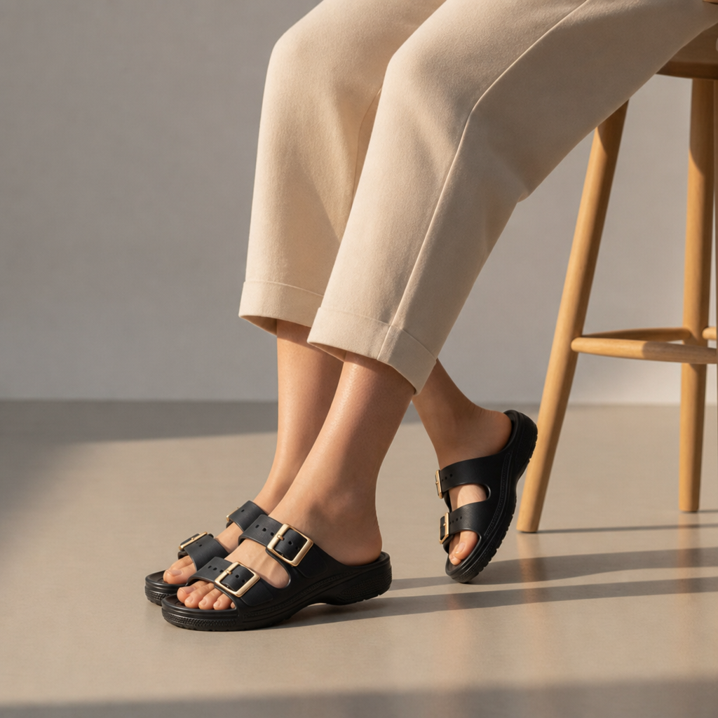 Formentera Double Buckle Platform Slides in Black