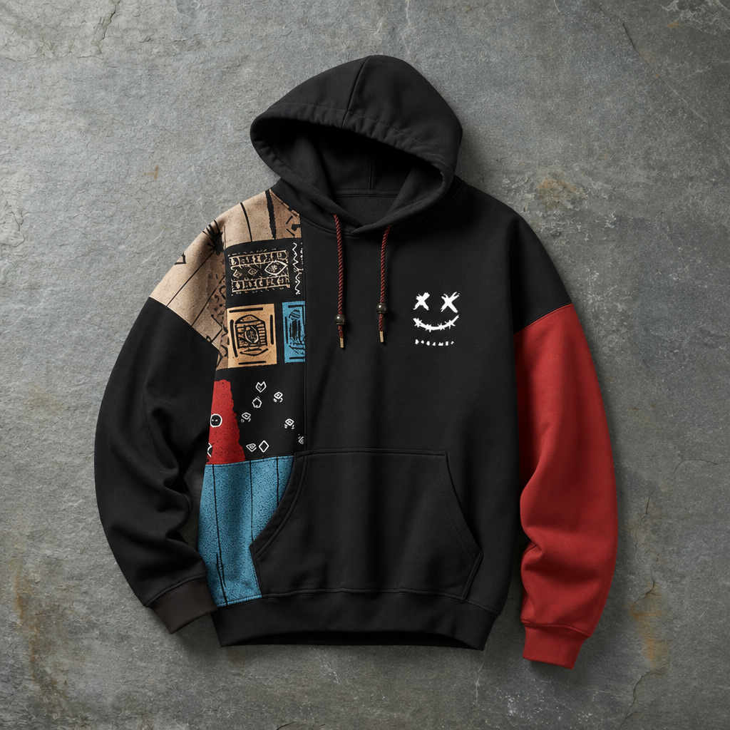 Monemvasia Patchwork Contrast Hoodie in Black
