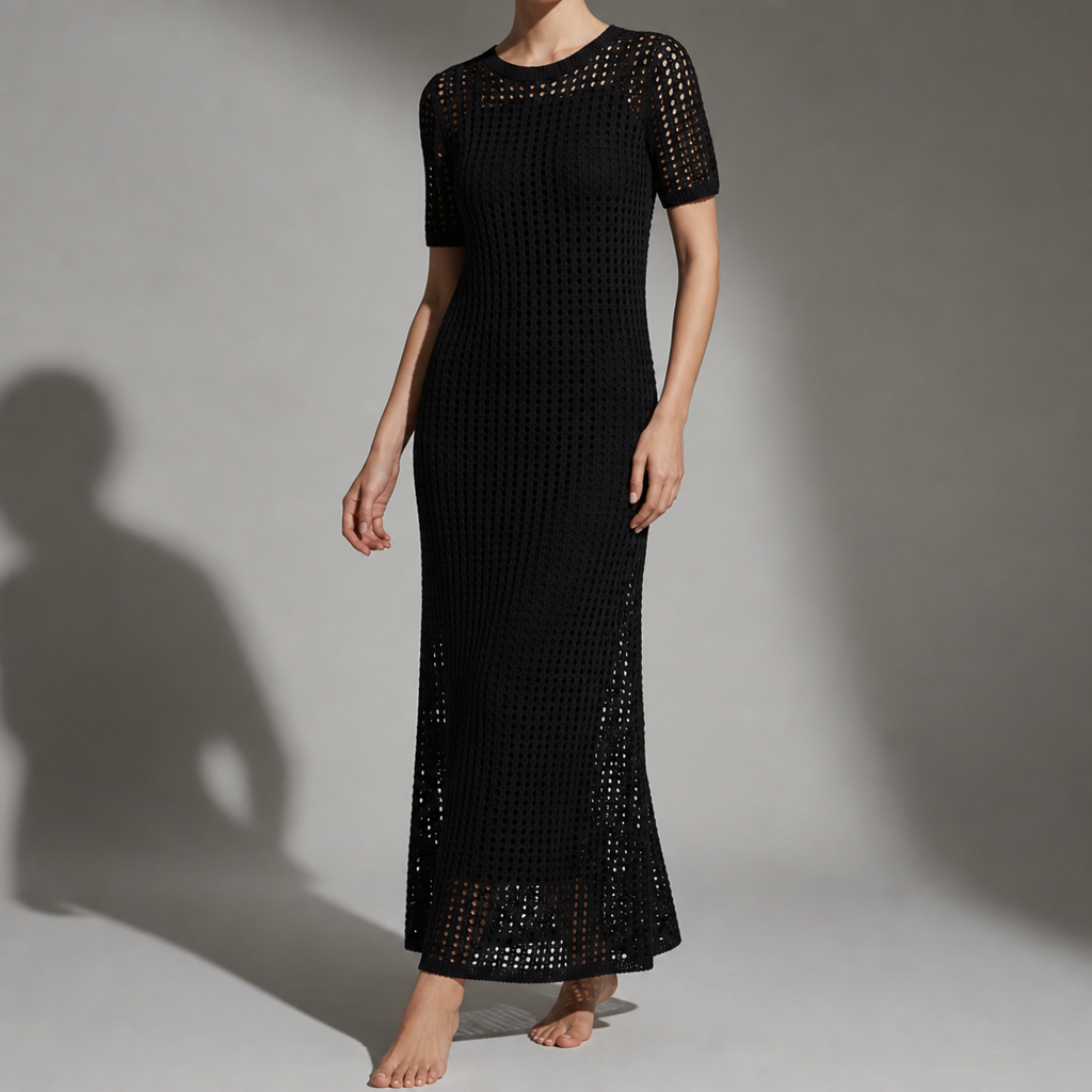 Mijas Crochet Hollow-Out Maxi Dress in Black