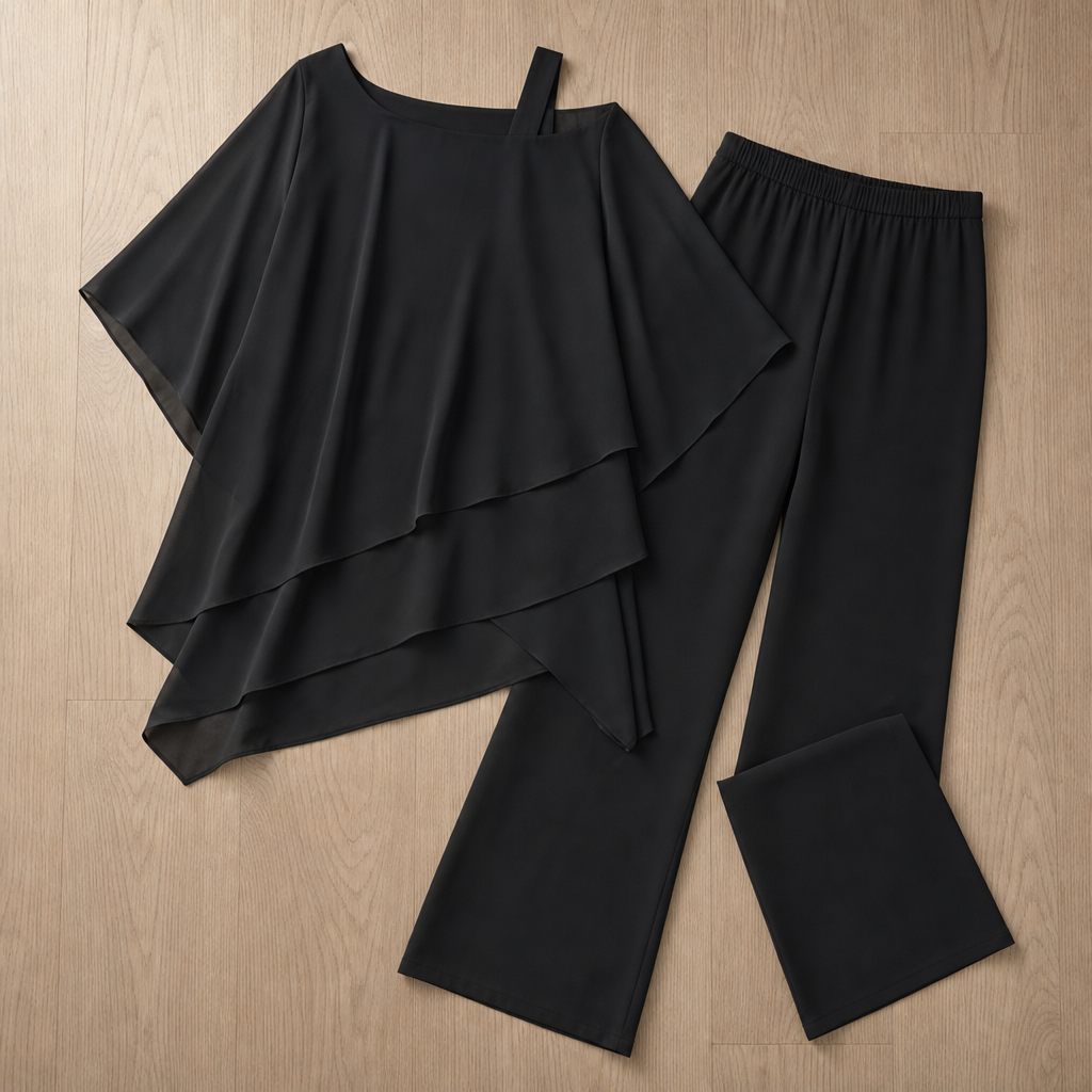 Obidos Layered Chiffon Pants Set in Black