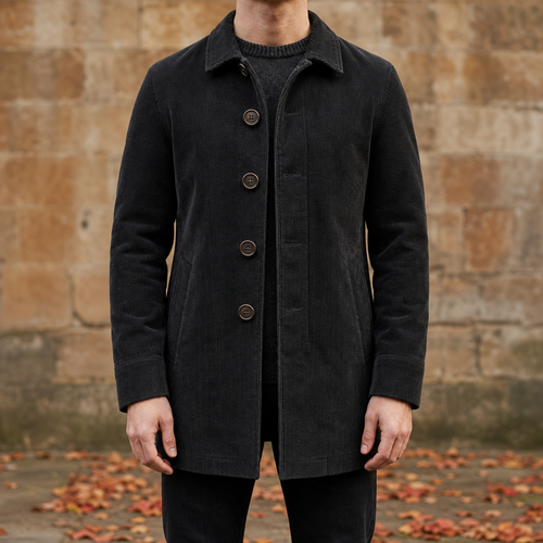 Aegina Corduroy Overcoat Jacket in Black