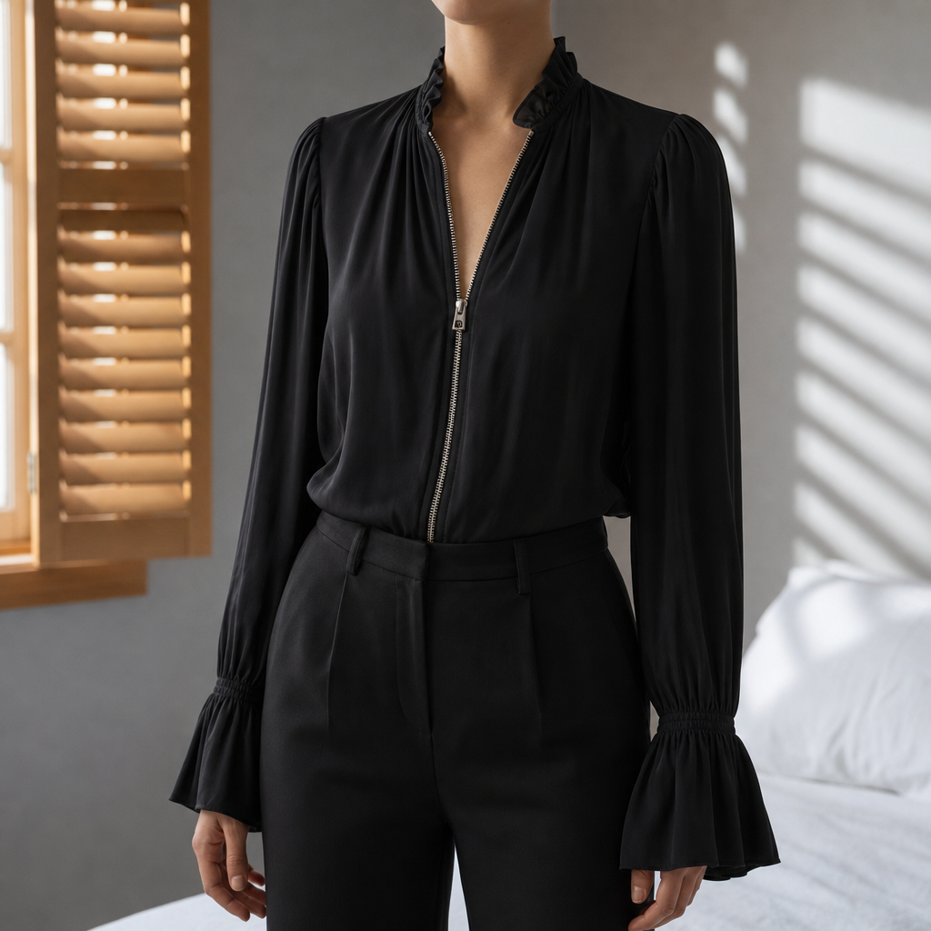 Murcia Zip-Front Flounce Blouse in black