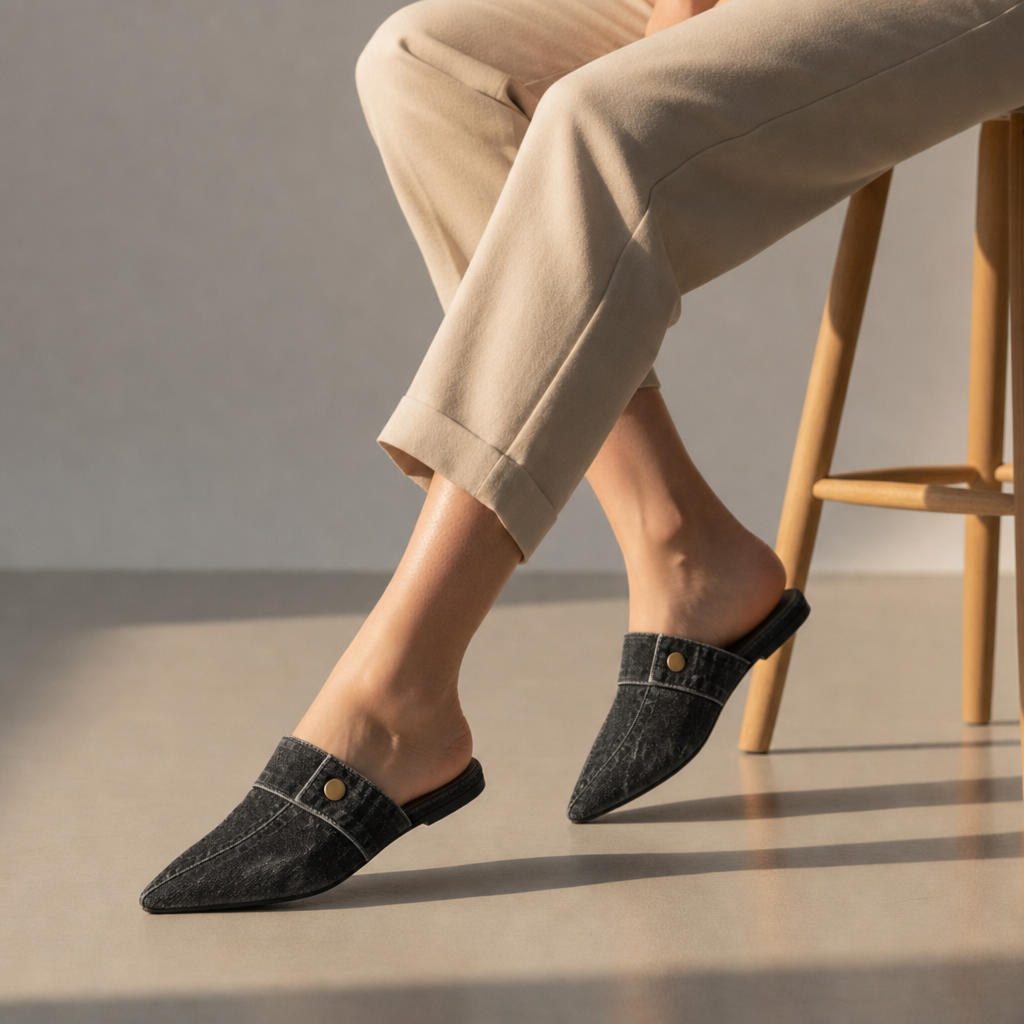 Rivello Denim Pointed Mules in Black