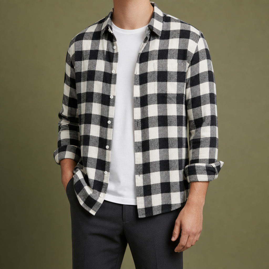 Kent Slim Fit Plaid Cotton Long Sleeve Shirt in Black