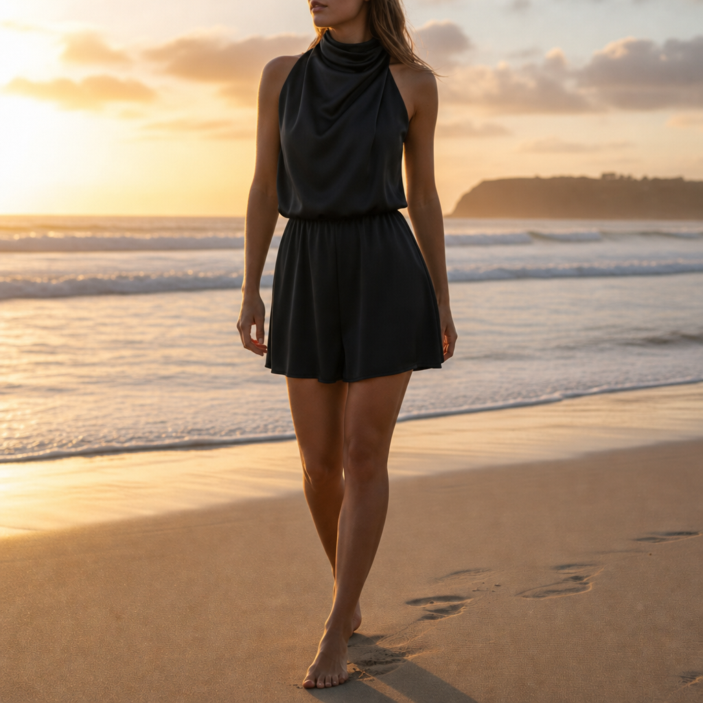 Pollensa Satin Halter Romper in Black