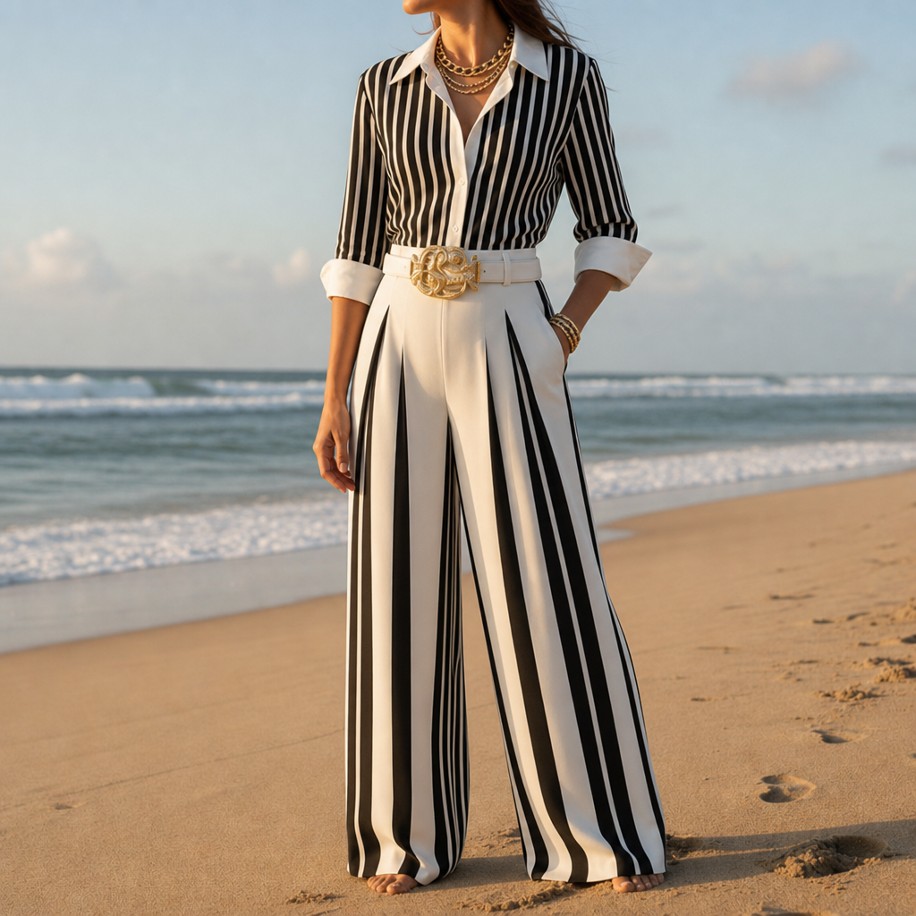 Maratea Striped Shirt Co-Ord Set in Black