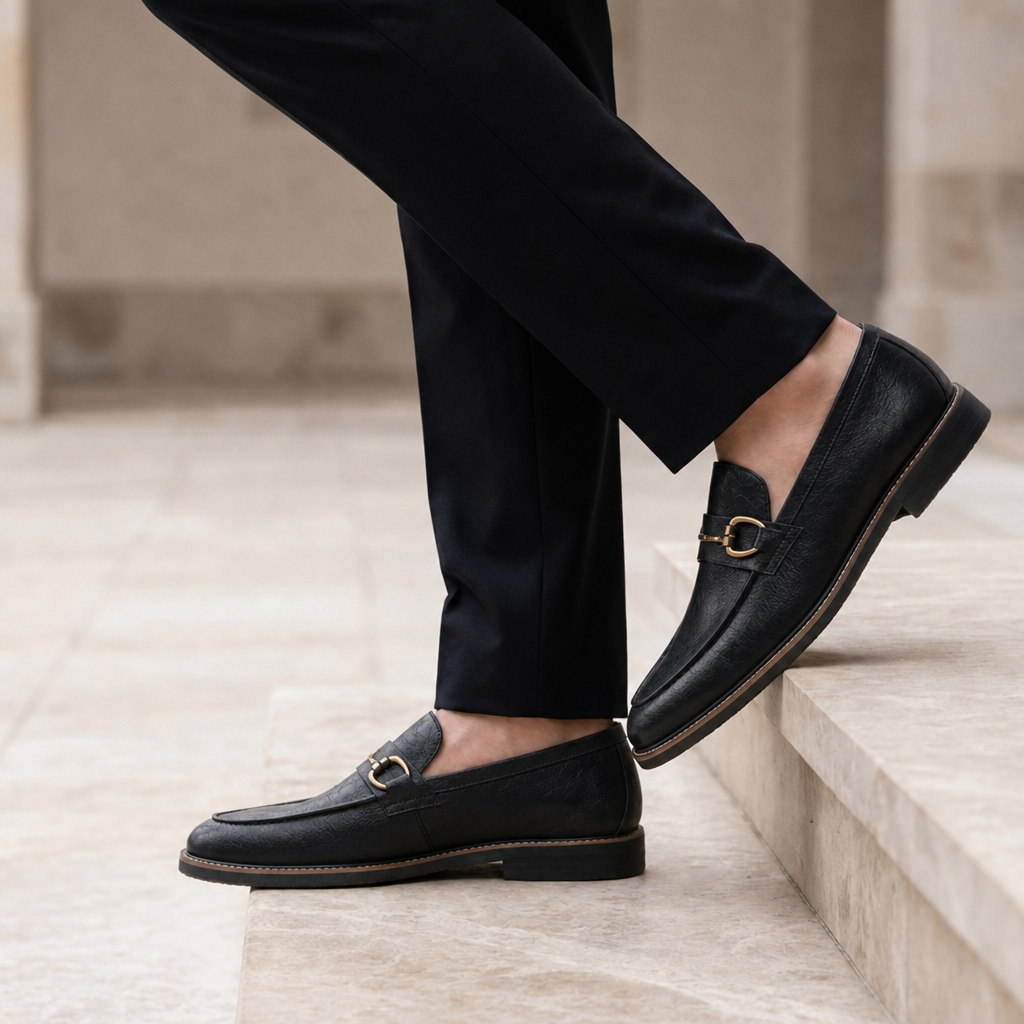 Paxos Brass Hook Leather Loafers in Black