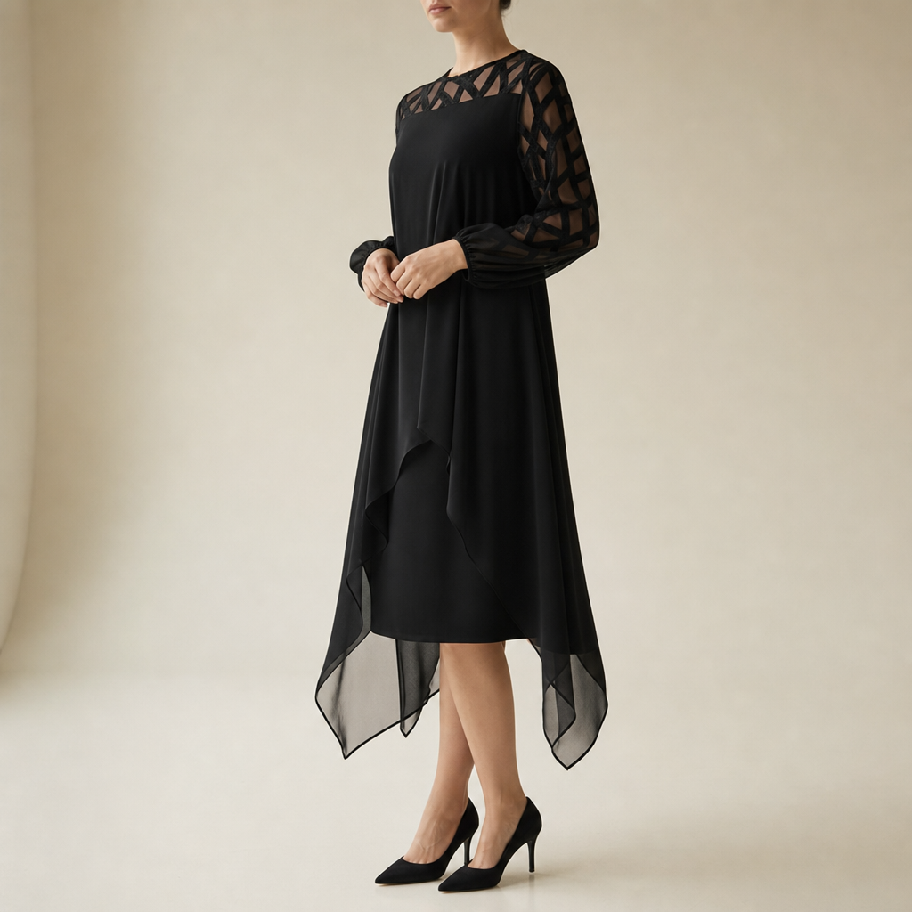 Olhao Lace Overlay Chiffon Dress in Black