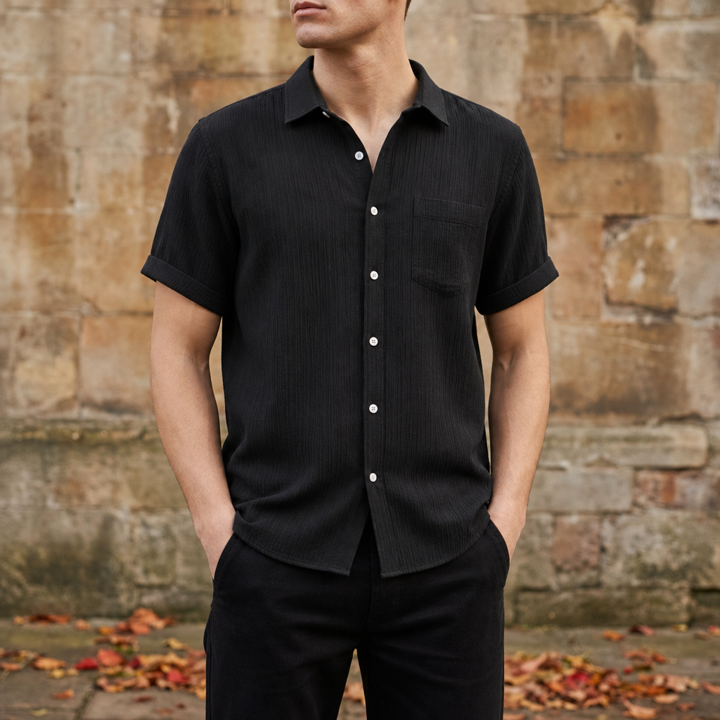 Folegandros Crinkle Cotton Shirt in Black