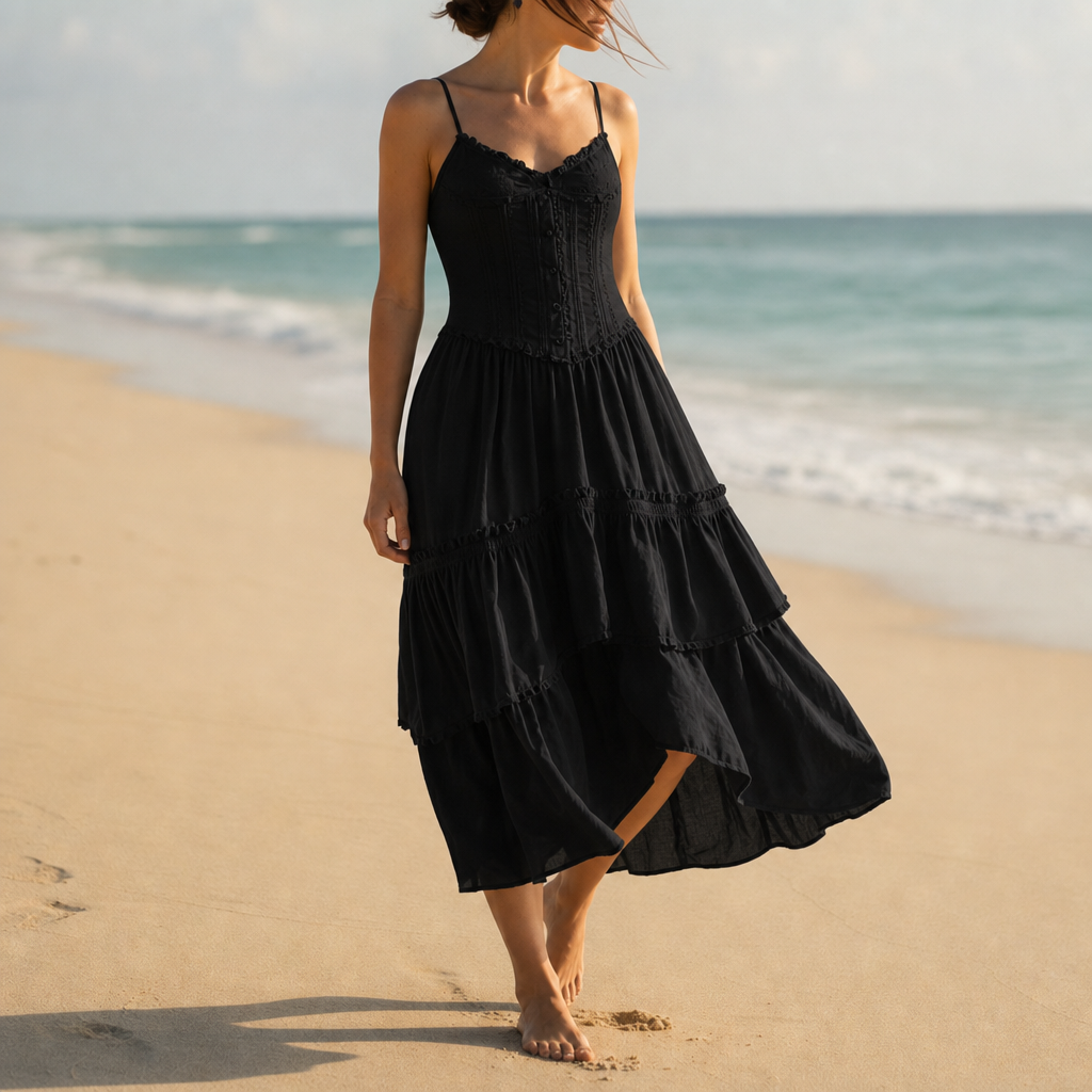 Hyeres Corset Tiered Midi Dress in Black