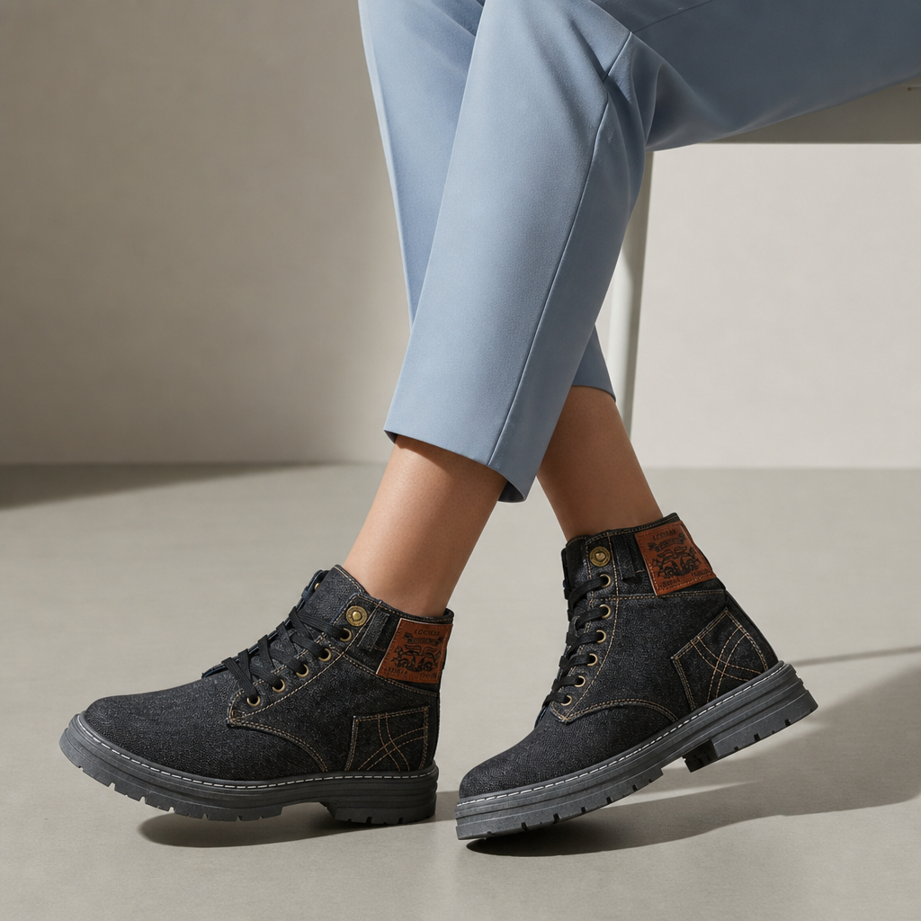 Menerbes Denim Lace-Up Boots in Black