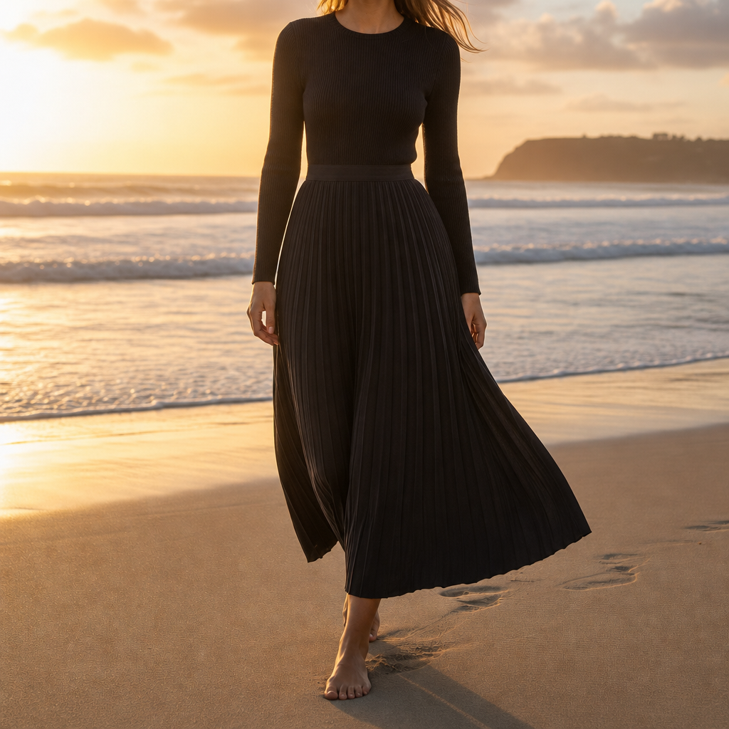 Evora Pleated Knit Maxi Dress in Black