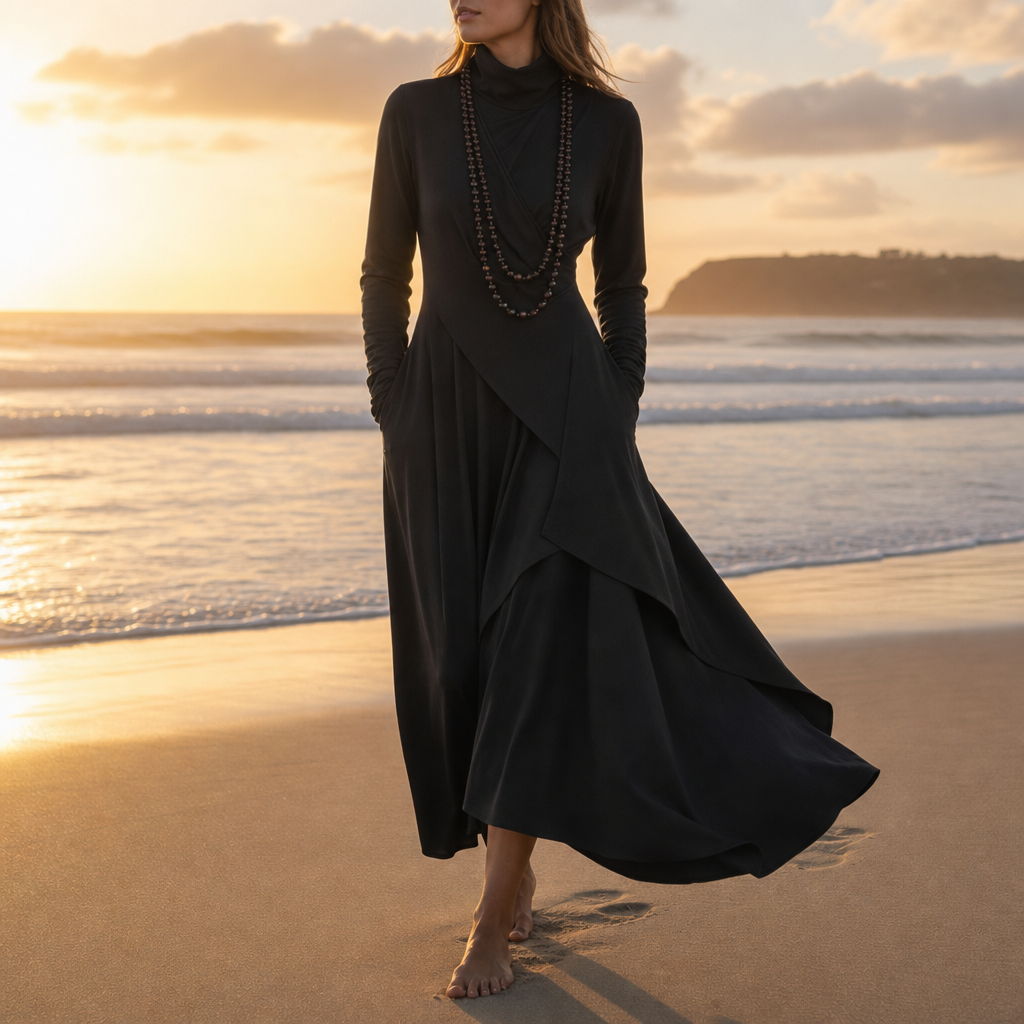 Skopelos Asymmetric Turtleneck Maxi Dress in Black