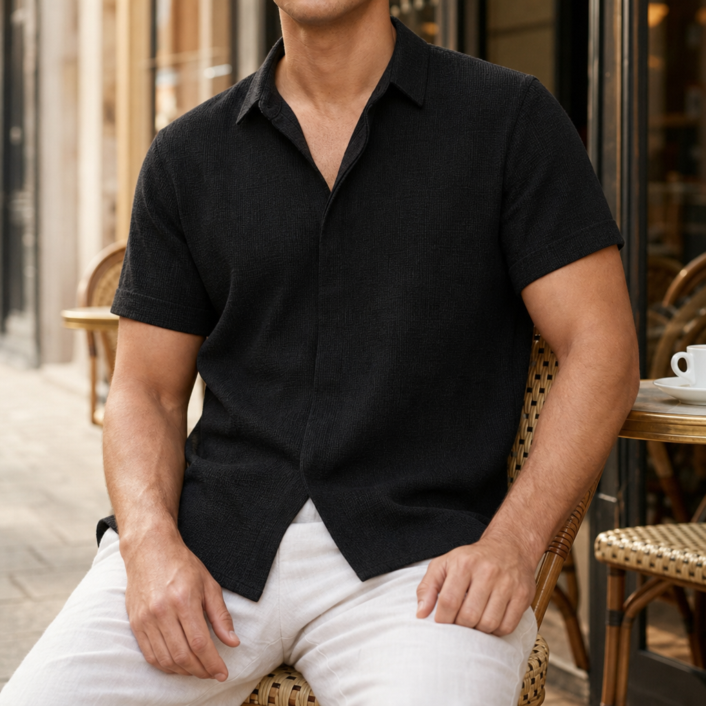Maratea Linen-Look Short Sleeve Shirt in Black