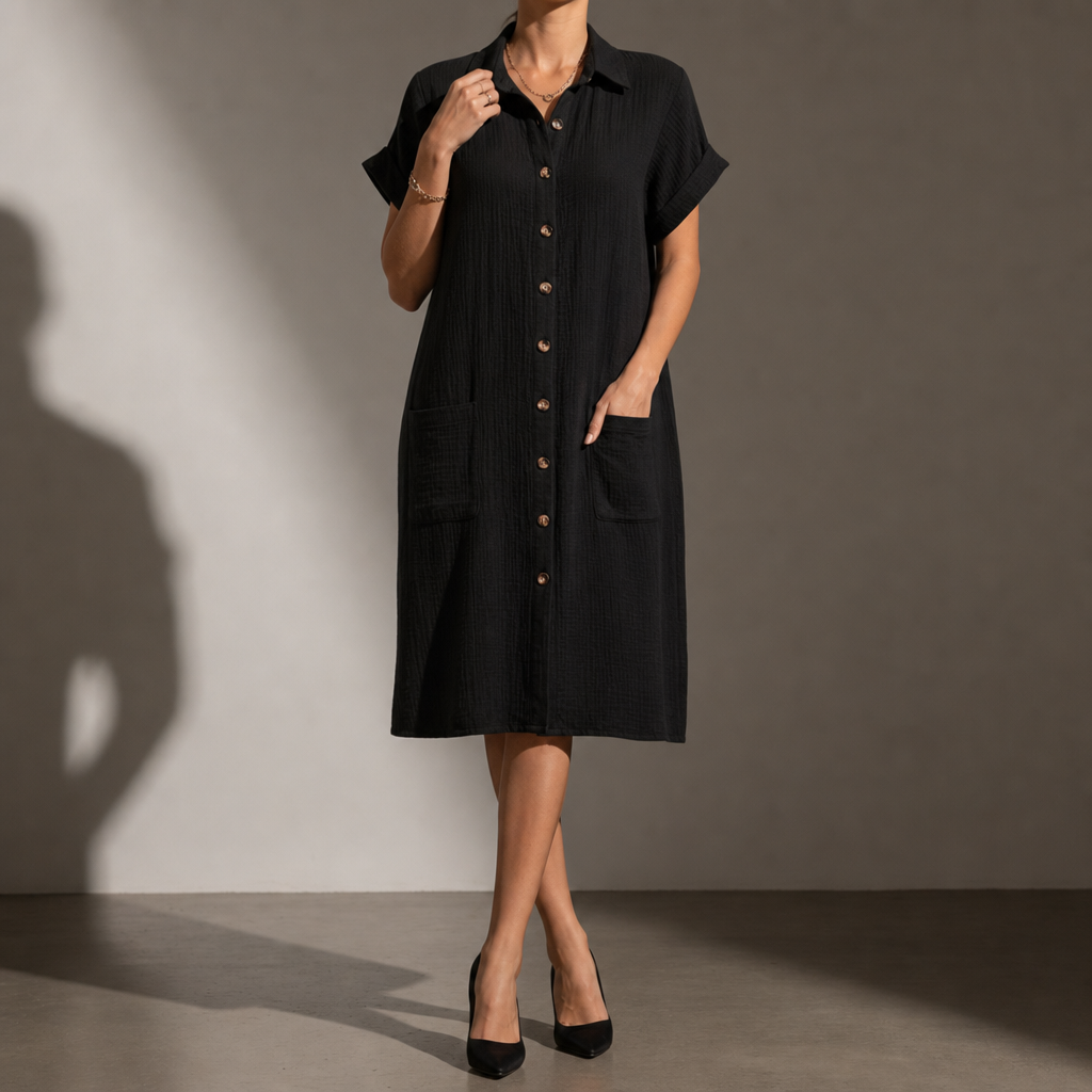 Modica Cotton Muslin Shirt Dress in Black