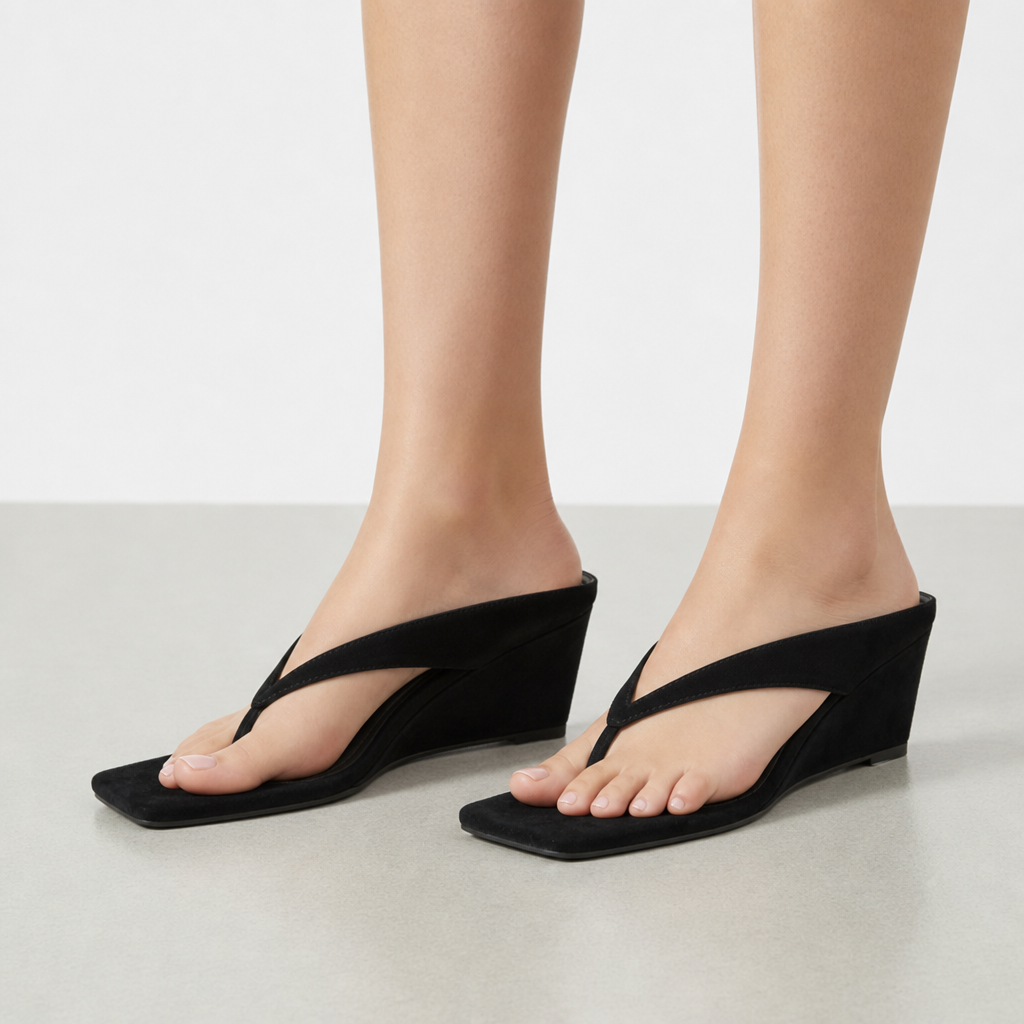 Oviedo Square Toe Wedge Sandals in Black Suede