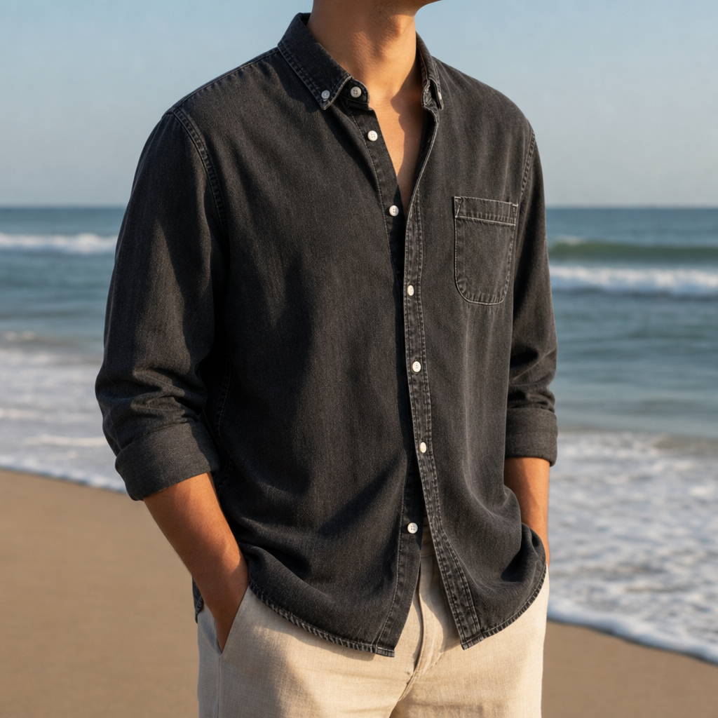 Arezzo Denim Button-Down Shirt in Black Wash Denim