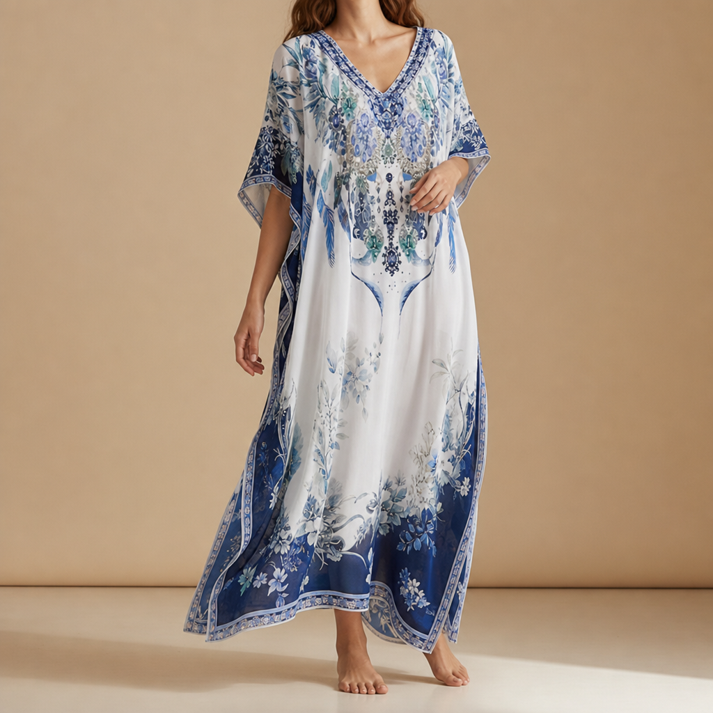 Peniscola Boho Print Kaftan Dress in Blue