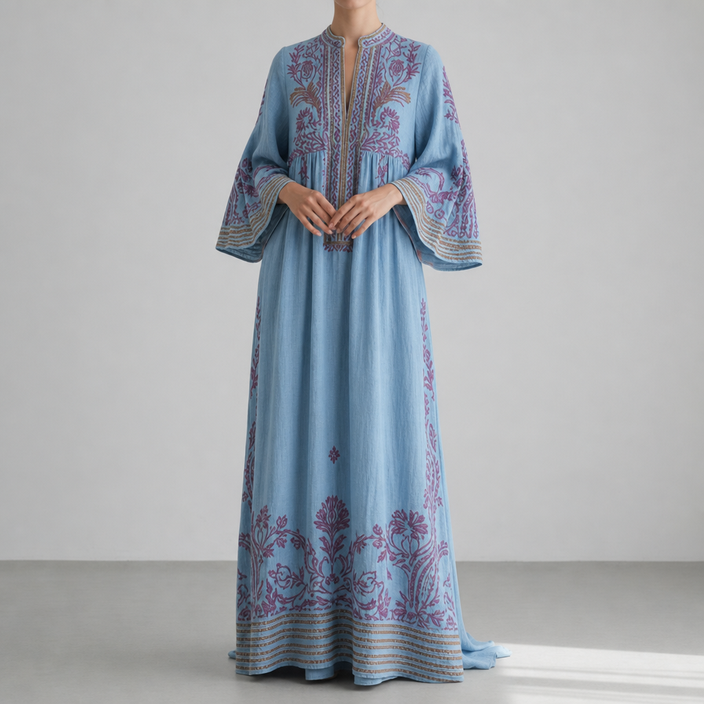 Porec Embroidered Boho Maxi Dress in Blue