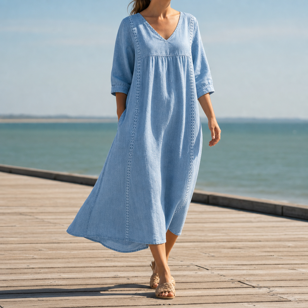 Alonnisos Lace Trim Midi Dress in Blue
